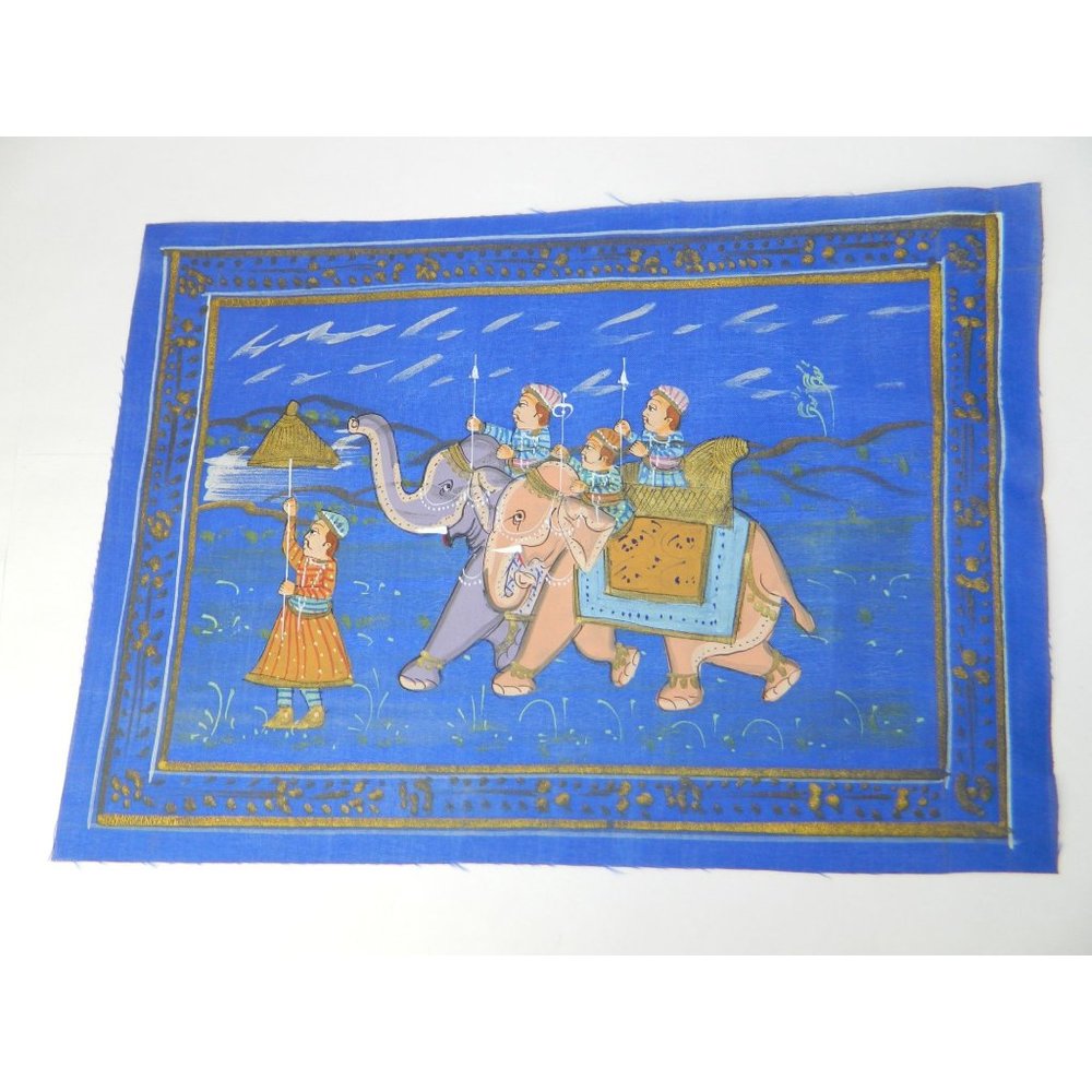 Blue Silk Elephant Folk Art Asian Silkscreen Print 12" X 9"